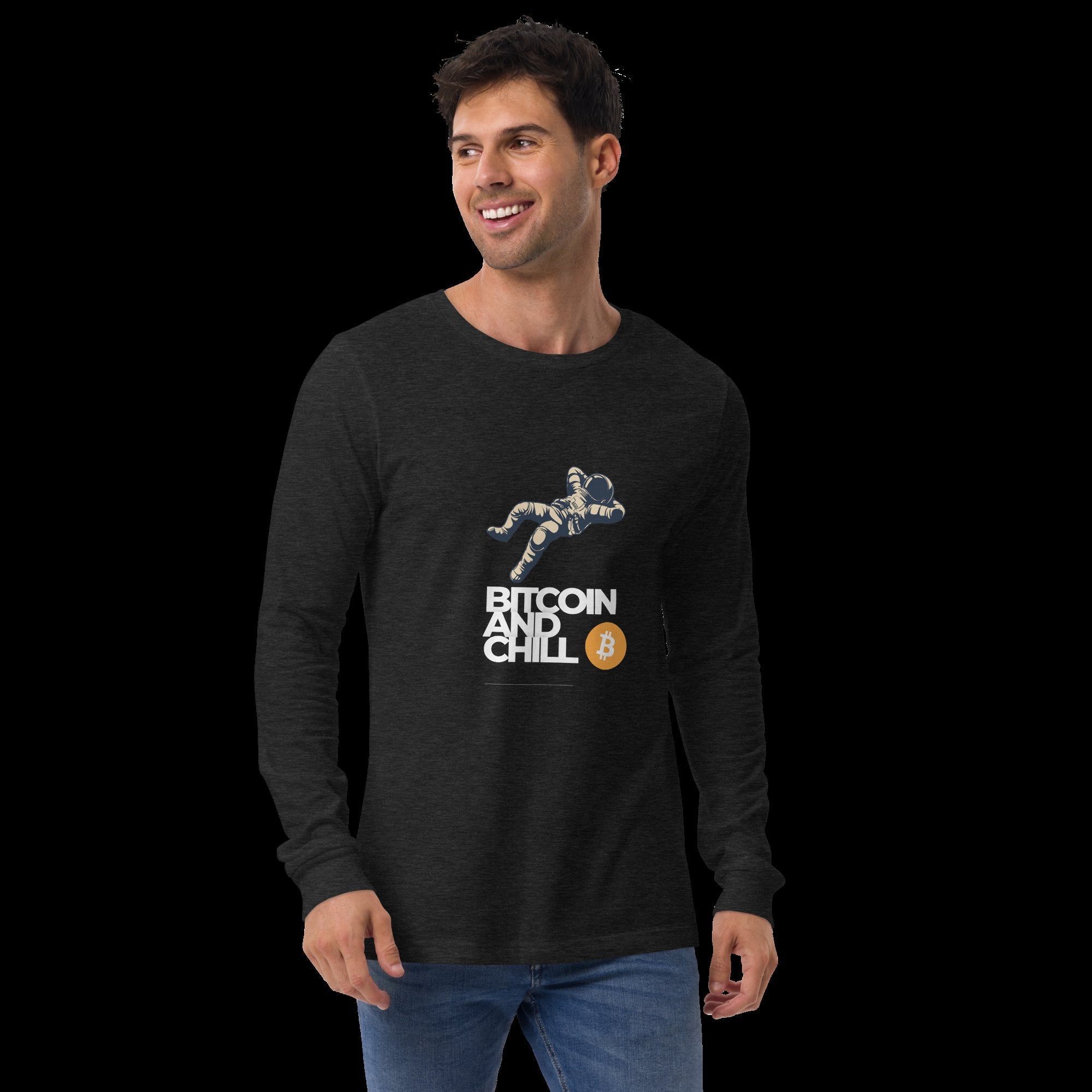 An image of a man wearing a long-sleeve tee that reads, "Bitcoin and chill"