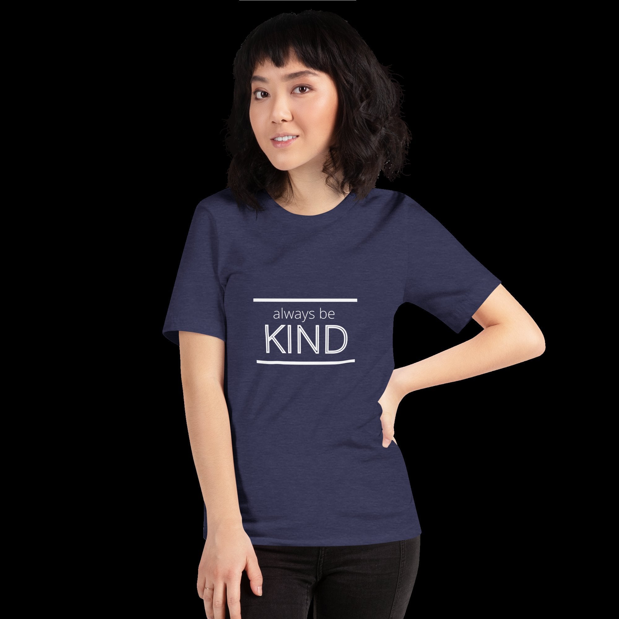 Photo of a woman wearing a t-shirt that reads, "Always Be Kind".